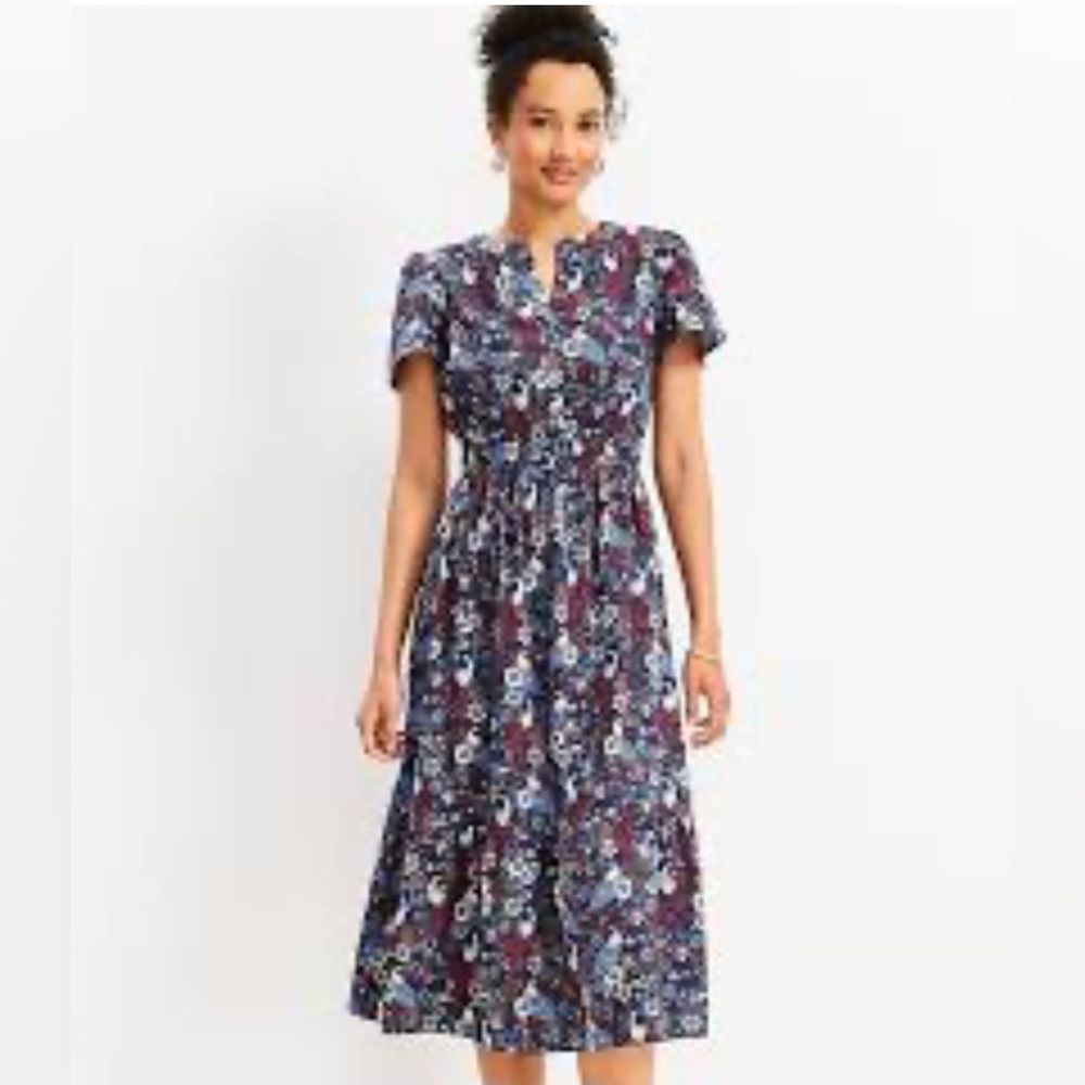 LOFT Smocked V-Neck Puff Sleeve Midi Dress in Blue and Purple Fall Wedding Guest